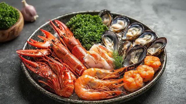 Seafood platter with various shellfish and crustaceans