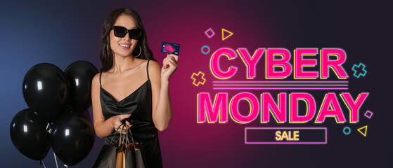 Beautiful young Asian woman with credit card, shopping bags and air balloons on colorful background. Black Friday concept