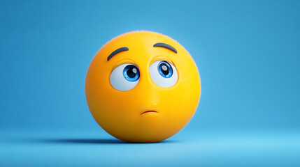 A vibrant yellow emoji with blue eyes and a sad expression against a blue background