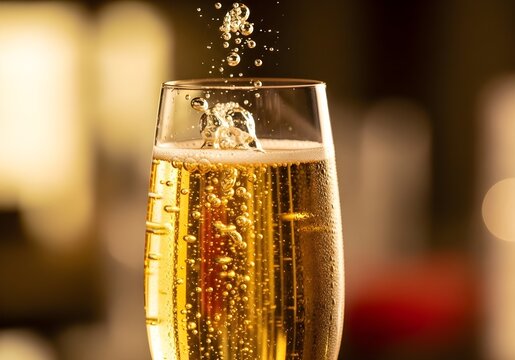 Macro of Effervescent Bubbles in Golden Sparkling Wine