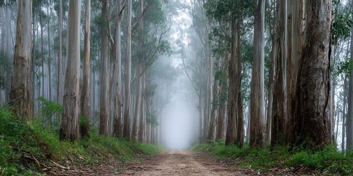 Misty dirt road leading through a dense forest of tall eucalyptus trees with lush green undergrowth