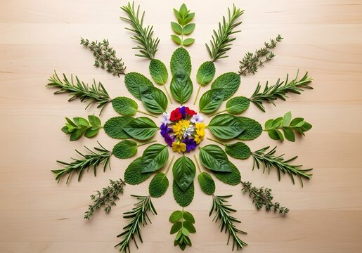 Symmetrical Overhead Macro of Fresh Herb Mandala Arrangement