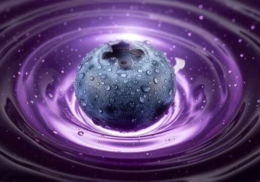 Hyper-Realistic Macro of Blueberry in Purple Liquid Swirl