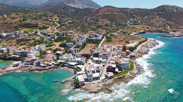 Aerial drone view of the picturesque coastal village of Mochlos on Crete, Greece.