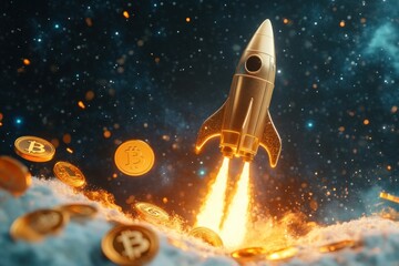 Rocket and gold coins launching into space, representing crypto and business success