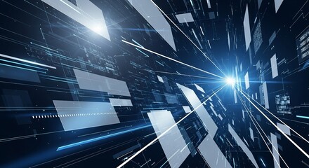 Abstract technology background featuring geometric shapes, data streams, and a bright central light source, creating a futuristic and dynamic visual suitable for various digital 
