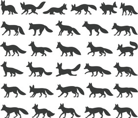Set of fox silhouette vector icons in different poses, animal flat design illustration, wildlife symbol for logo, print, pattern