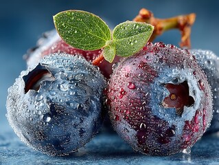Leaf-Framed Berry Couple: Emerald Foliage Surrounding Violet and Blue Fruits for Diet Program Visuals, Healthy Meal Plans, Wellness Magazine Features