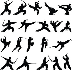 Silhouette vector of martial artists practicing kung fu, karate, sword fighting, dynamic poses for combat, training, fitness, and self-defense art