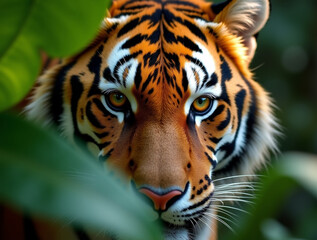 Obraz premium Sumatran Tiger Head-on Portrait with Intense Gaze Framed by Green Leaves