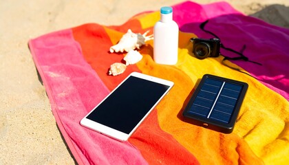 Summer vacation essentials with a portable solar charger, smartphone, and sunscreen on a sandy beach