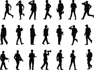 Silhouette vector of men in walking, saluting, standing, running, and action poses for military, security, and lifestyle character design