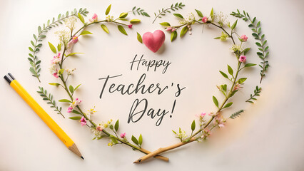 Heart shaped floral wreath with happy teacher s day message and pencil
