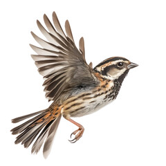 Fototapeta premium Sparrow flying A sparrow flaps its wings rapidly, soaring through the air. full length isolate on transparent background