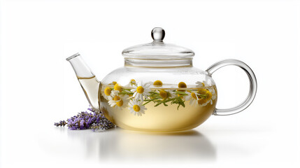 Calming chamomile tea steeping in a glass teapot with fresh lavender flowers as an ingredient on a white background