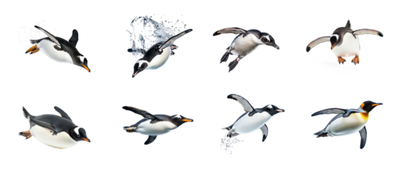 Collection of Penguin diving A penguin dives headfirst into the water with legs extended. full length isolate on transparent background