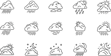 Obraz premium Collection of various weather icons like cloud, rain, sun, moon, star, storm, climate, meteorology, season, day, night