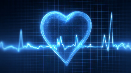 Heartbeat waveform with glowing heart graphic on a digital grid background representing health
