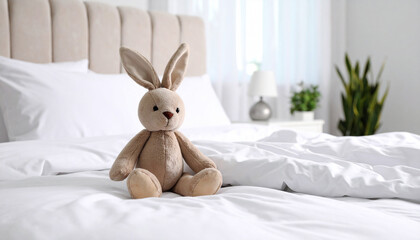 Obraz premium Cute bunny plush toy sitting on a soft white bed in a bright minimalist bedroom, evoking warmth and childhood comfort