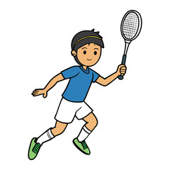 A young boy swings his racket with focus and energy, chasing the shuttlecock through the air on a sunny court, enjoying a lively game of badminton with joy and determination.

