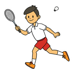 A young boy swings his racket with focus and energy, chasing the shuttlecock through the air on a sunny court, enjoying a lively game of badminton with joy and determination.
