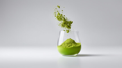 Dynamic action shot of vibrant matcha superfood powder creating a splash, concept of wellness and a healthy lifestyle