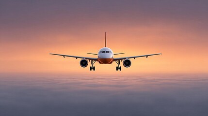 Airplane Flying Above the Clouds with Dramatic Sky and Sunset Colors