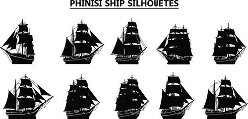 Traditional phinisi ship silhouettes set, vintage sailing boat collection, Indonesian maritime heritage vector, nautical transport design for sea adventure, logo, and marine illustration use.