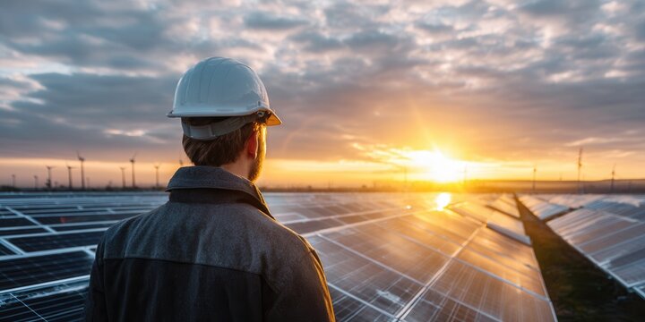 Engineer in hard hat surveys solar farm at sunrise with wind turbines in background