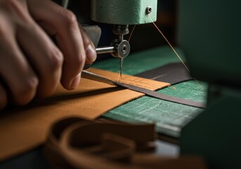 Close-up of a worker meticulously operating a skiving machine, shaping leather with precision, creating detail in craftsmanship