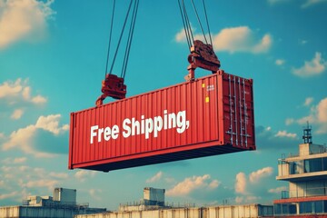 Port crane lifting red container labeled "Free Shipping," industrial dock scene, 3D render