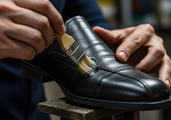 Crafting Elegance A Close Up of a Hand Carefully Applying Adhesive to a Black Leather Shoe with a Brush, Detail of Craftsmanship