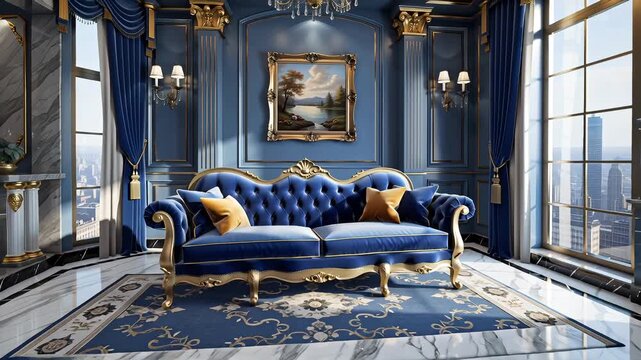 An opulent blue and gold sofa in a luxurious interior, showcasing classic elegance and refined style, complete with ornate details, artwork, and a comfortable ambiance