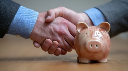 Seal the deal with smart money decisions represented by a handshake and piggy bank investment