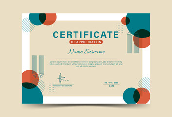 Modern geometric certificate of appreciation template design with colorful circles and professional layout.vector