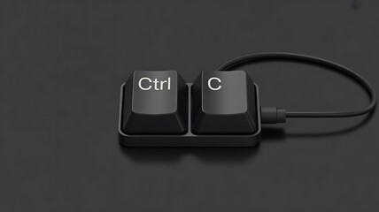 Black keyboard Ctrl C keys connected by wire on dark surface copy