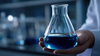 Scientist in Laboratory Conducting Experiment with Flask in Hand Surrounded by Scientific Equipment and Glassware Creating an Atmosphere of Discovery