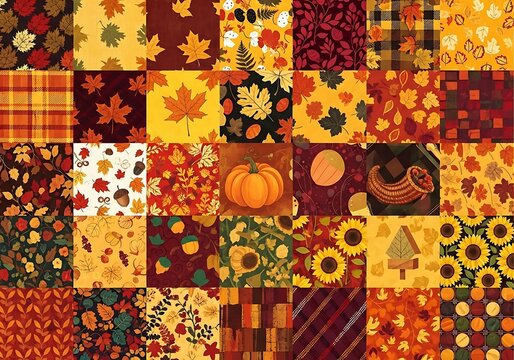 A vibrant collage of autumn leaves, pumpkins, and seasonal motifs in a patchwork quilt design, celebrating the warm colors and textures of fall