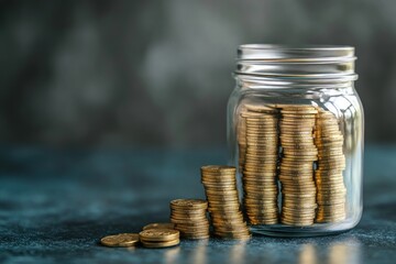 Personal finance concept with savings jar and increasing columns of gold coins beside it
