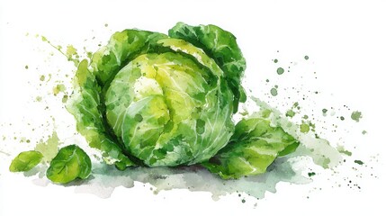 Fototapeta premium A watercolor painting of a fresh green cabbage with loose leaves and paint splatters on a white background.