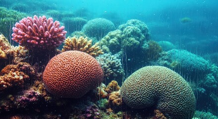 Naklejka premium Colorful Coral Reef Underwater Scene with Rain Effect.