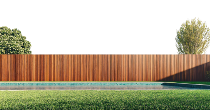 PNG A modern grass backyard with a wooden fence and a swimming pool outdoors nature landscape.