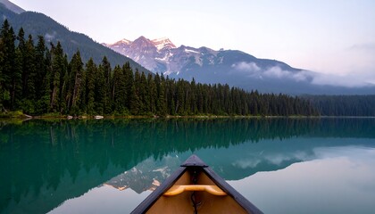 First-person perspective from a canoe on a serene glassy lake with mountain and forest reflections at dawn