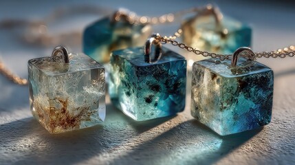 Transparent jewelry designs using resin, glass, or crystal elements showcasing clarity, modern elegance, artistic statement pieces, and handcrafted artisan product .