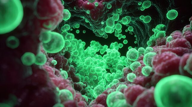 3D image showing pale green bioluminescent Coxiella bacteria colonizing heart valve tissue in chronic endocarditis infection.