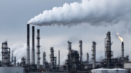 Industrial Landscape Featuring a Large Factory Emitting Smoke into the Sky Against a Backdrop of Overcast Clouds Evoking a Gloomy Yet Powerful Atmosphere