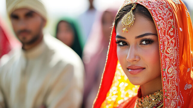 A woman in traditional Indian attire with a red sari and gold jewelry, standing in front of a blurred background. - Powered by Adobe