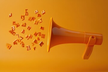 Orange megaphone with letters bouncing outward, scattered A to Z floating midair