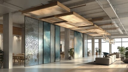 Transparent interior dividers designed for open spaces combining privacy solutions, light diffusion, modular assembly, modern materials, and clean aesthetic separation.