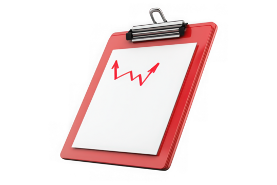 Red clipboard with upward trend arrow chart, business report, financial growth, data analysis, statistics isolated on transparent background